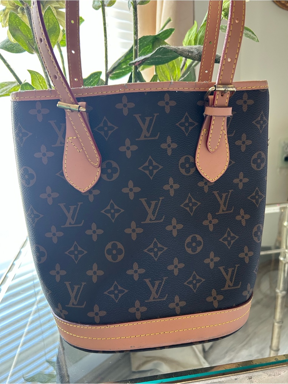 Louis Vuitton Brown Monogram Bucket Tote with Tan Trim